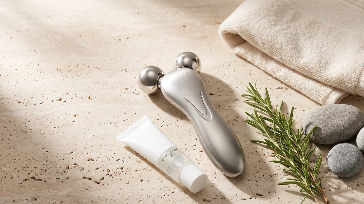 Device per microcorrenti viso con due sfere metalliche appoggiato accanto al gel conduttivo su superficie chiara