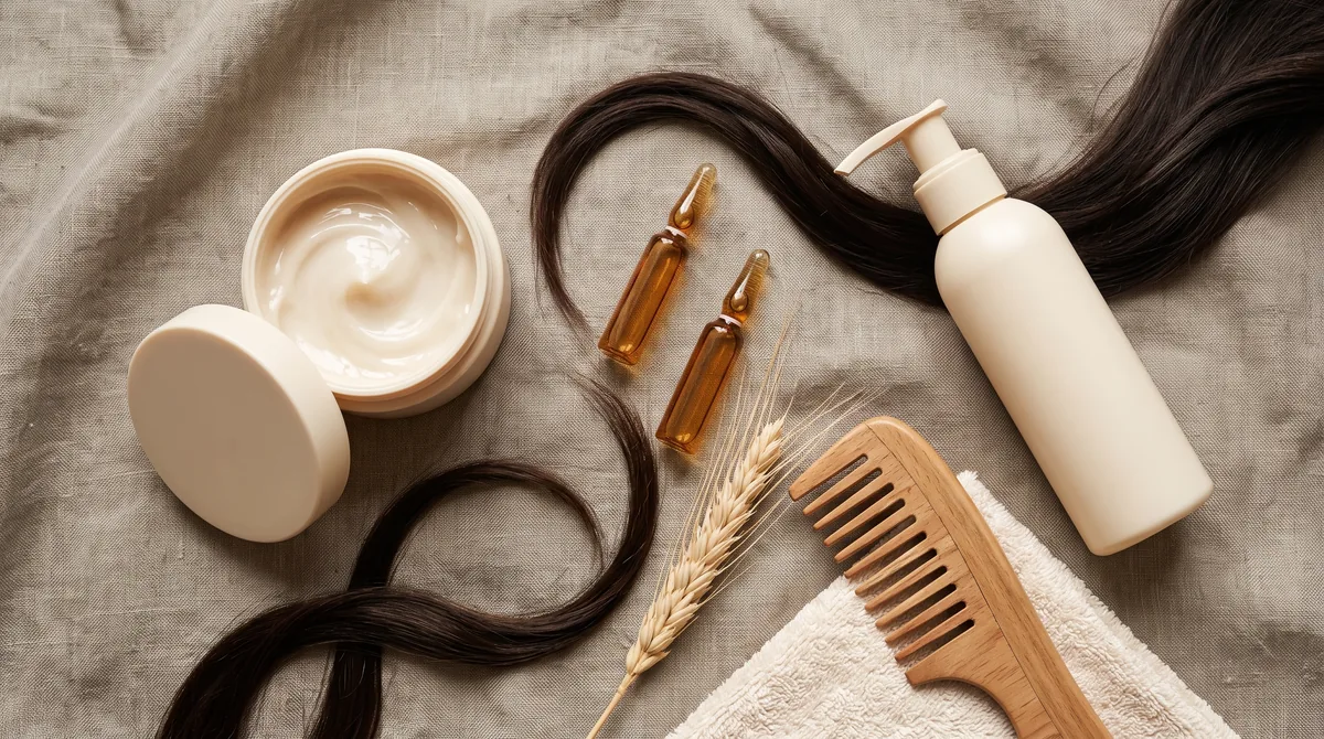Prodotti per il botox capelli fai da te: maschera ricostruttrice, fiala monodose e spray leave-in su piano chiaro
