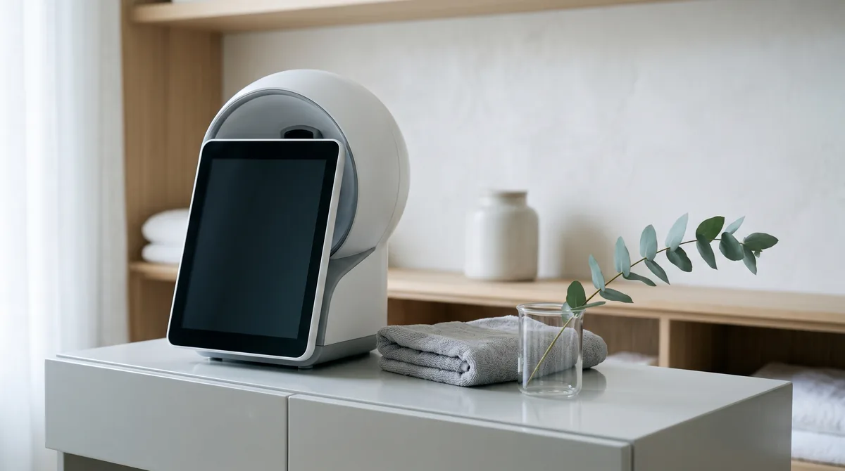 Analizzatore di pelle professionale con schermo touch in un centro estetico durante la scansione del viso di una cliente