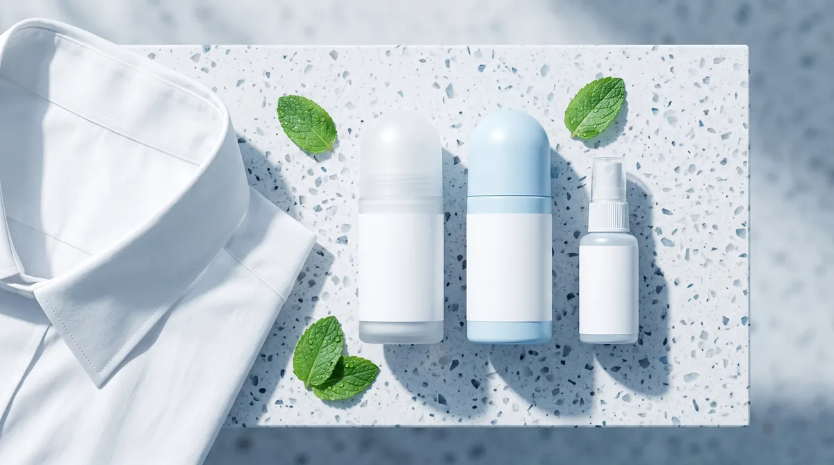 Migliori antitraspiranti: roll-on e spray allineati su una mensola da bagno accanto a una camicia bianca