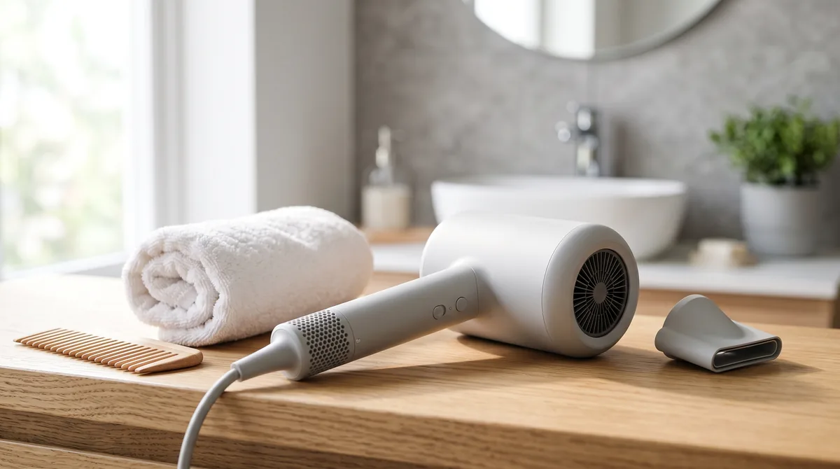 Asciugacapelli tipo Dyson con motore brushless nel manico appoggiato su un mobile da bagno chiaro