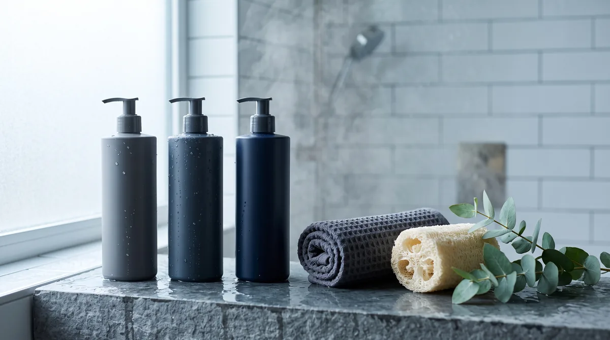 Migliori bagnoschiuma uomo: sei flaconi di doccia-shampoo 3 in 1 allineati sul bordo di un piatto doccia