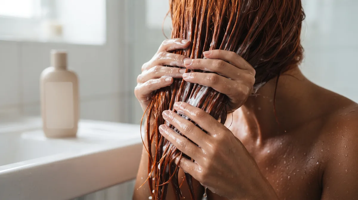 Mani che stendono il balsamo su capelli colorati ramati e bagnati, accanto a un flacone con l'etichetta bianca