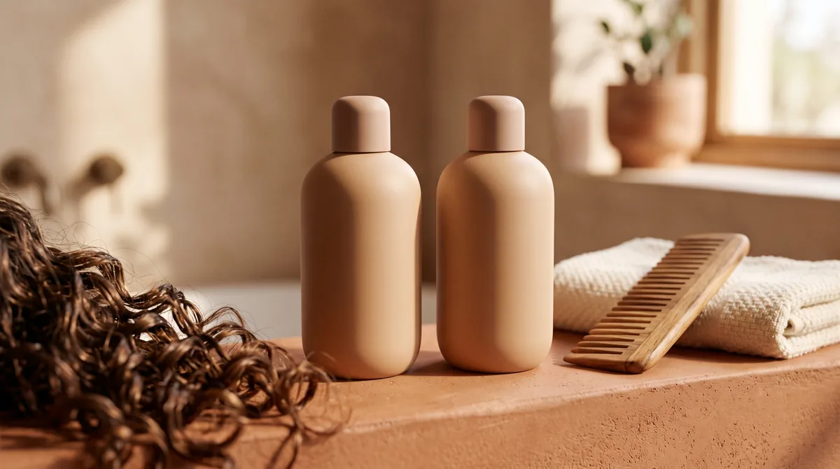 Balsamo per capelli ricci: sei flaconi a confronto accanto a una ciocca di ricci definiti su fondo chiaro