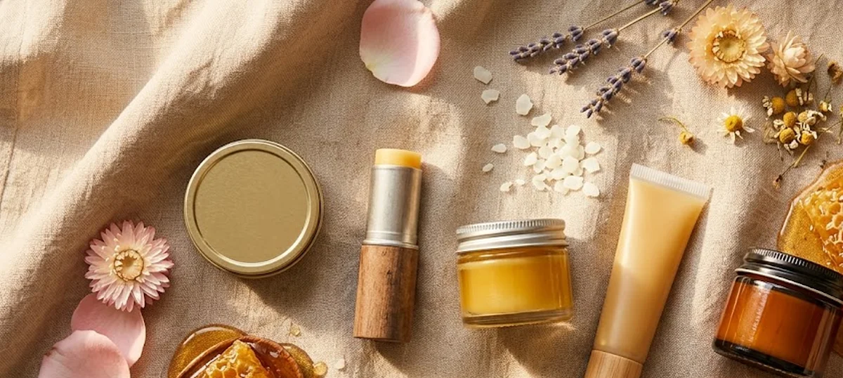 Cinque balsami labbra idratanti disposti su sfondo beige con petali di fiori e cera d'api