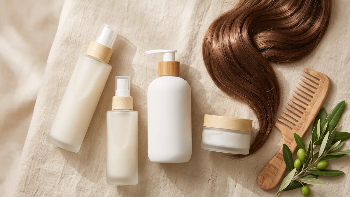 Sei flaconi di balsami senza risciacquo leave-in in spray e crema allineati su un piano di marmo chiaro