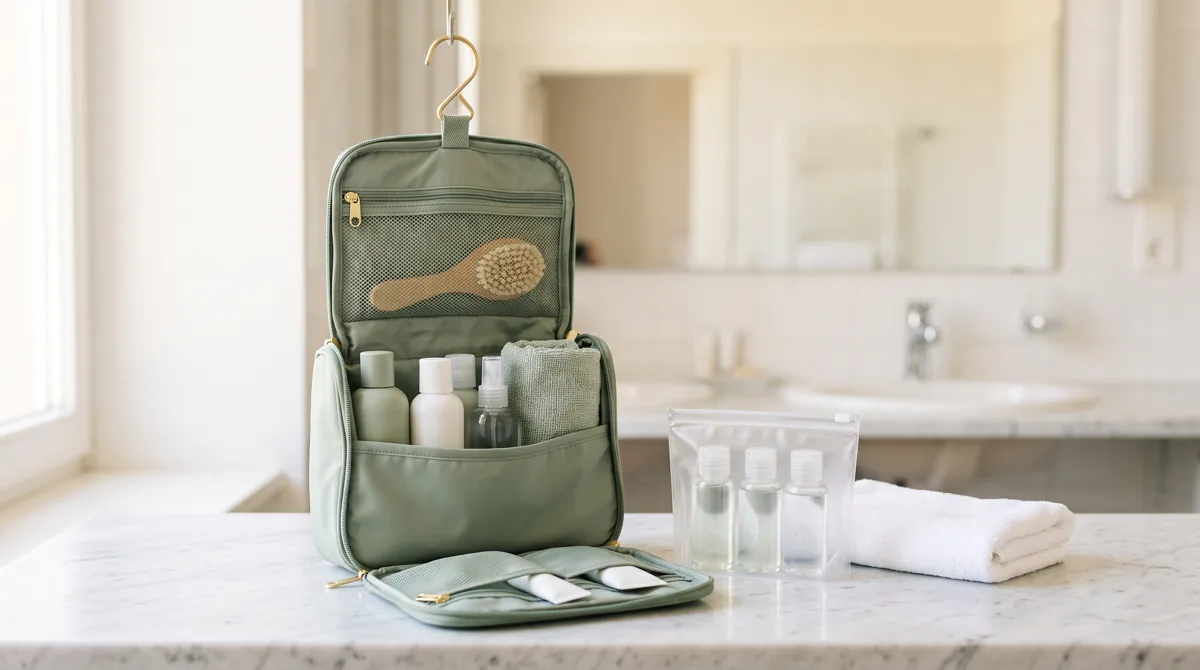 Beauty case da viaggio nero da appendere, aperto in un bagno, con flaconi e prodotti organizzati negli scomparti