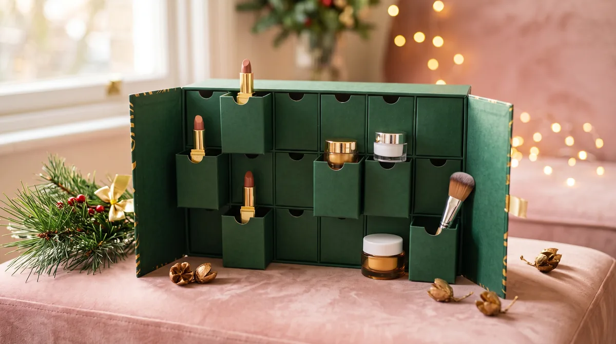 I migliori calendari dell'avvento beauty 2026: caselle aperte con rossetti, mini creme e pennelli su fondo rosa