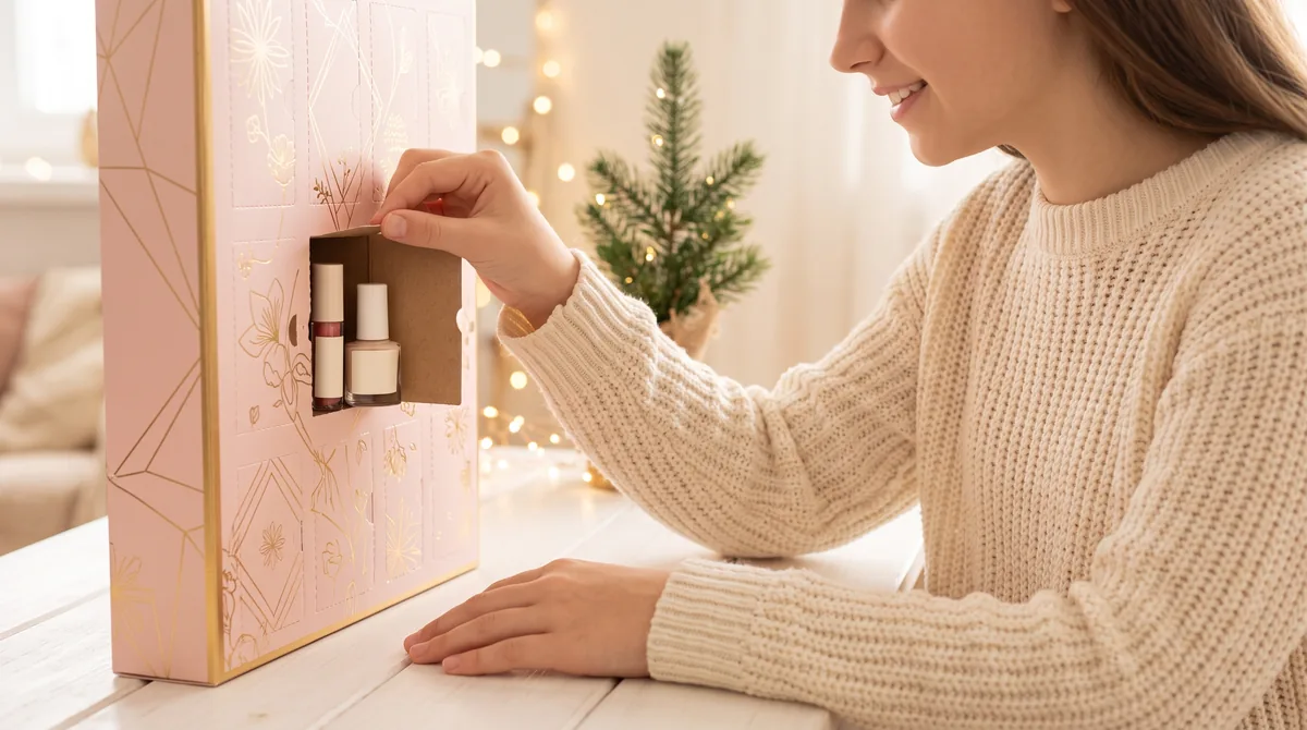 Calendario avvento ragazza: una ragazza apre una casella e trova un gloss e uno smalto fra le luci di Natale