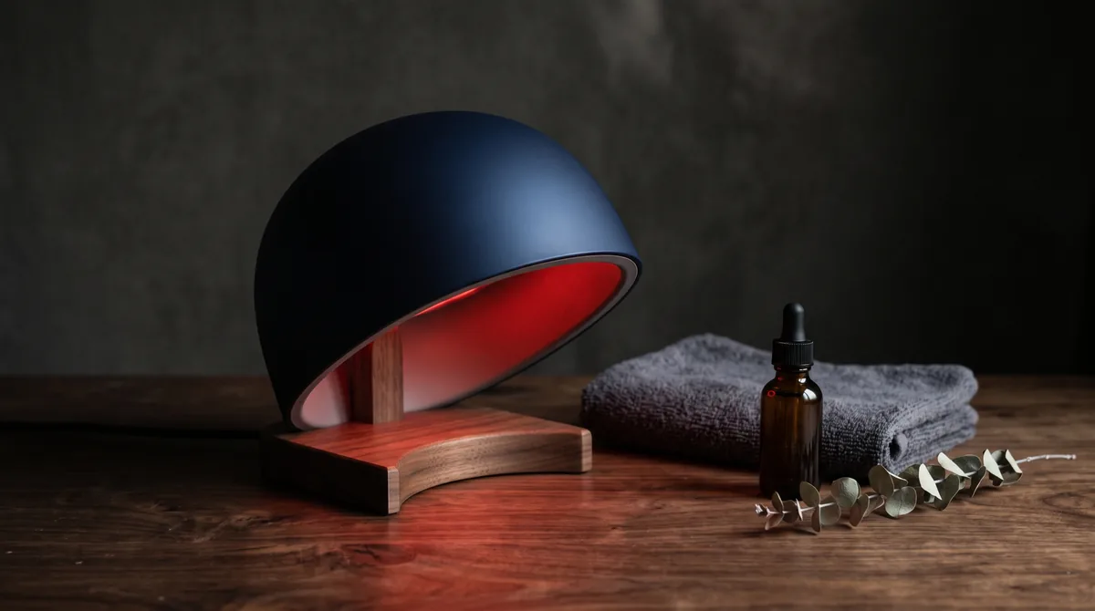 Casco laser per capelli con diodi rossi accesi appoggiato su un piano chiaro accanto a un pettine e a una fotografia del cuoio capelluto