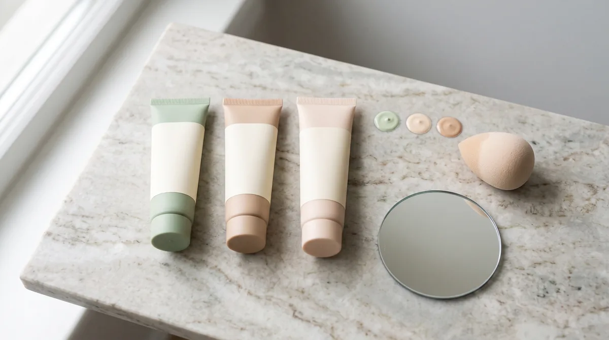 Miglior CC cream: tubetti di creme correttive e una noce di crema verde anti-rossori sfumata su fondo chiaro