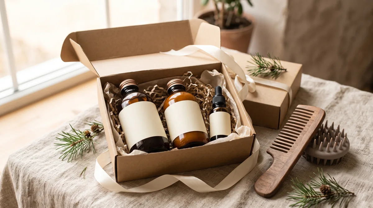 Cofanetto regalo capelli aperto con shampoo, balsamo e olio dalle etichette bianche su lino con rametti di pino