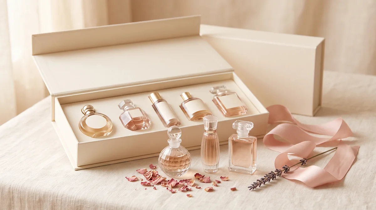 Cofanetto regalo aperto con miniature di profumi da donna allineate su un piano chiaro accanto a un nastro di raso