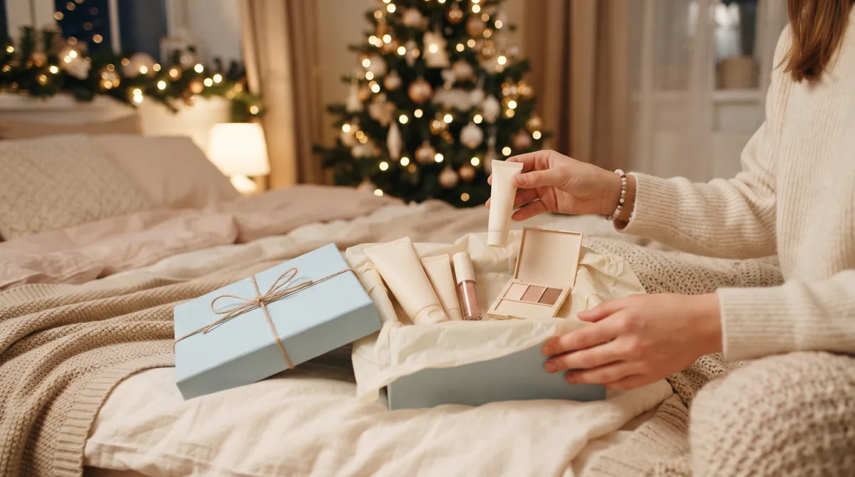 Cofanetto regalo per ragazza aperto con kit skincare, oli labbra colorati e un fiocco su un tavolo natalizio