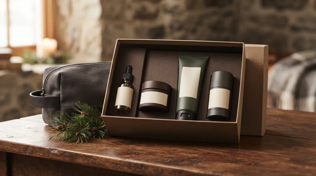 Cofanetto regalo uomo aperto con siero, crema viso e gel doccia dalle etichette bianche su un piano di legno scuro