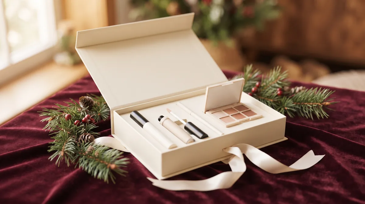 Cofanetto trucchi aperto con mascara, rossetto liquido, eyeliner e palette di ombretti su velluto con nastro e rametti di pino