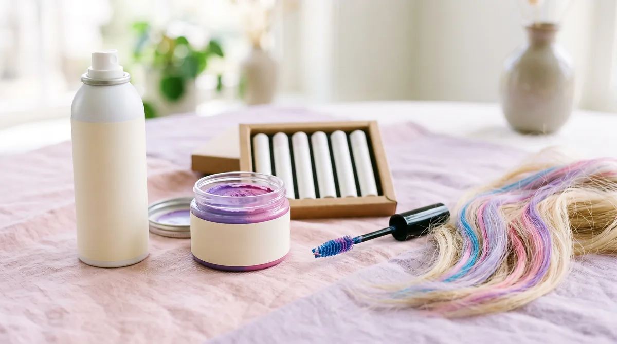 Migliori colori per capelli temporanei: ciocche colorate di blu, rosa e viola accanto a spray, cera e gessetti lavabili