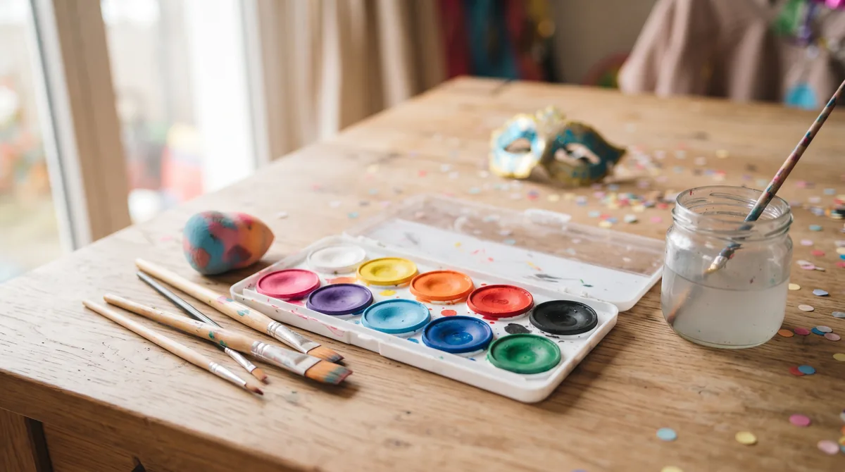 Colori per il viso in cialde e tavolozze con pennelli e spugnette, pronti per un trucco da festa per bambini