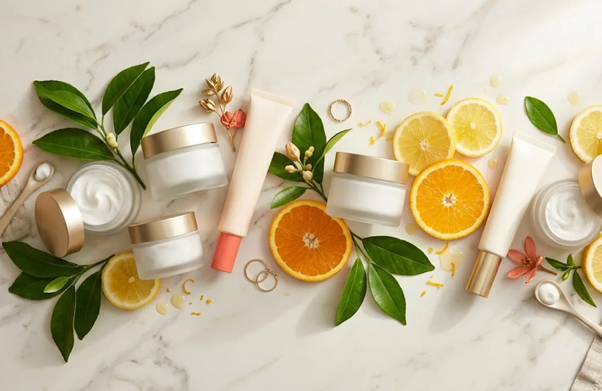 Cinque creme antimacchie viso disposte su sfondo chiaro con texture e attivi schiarenti