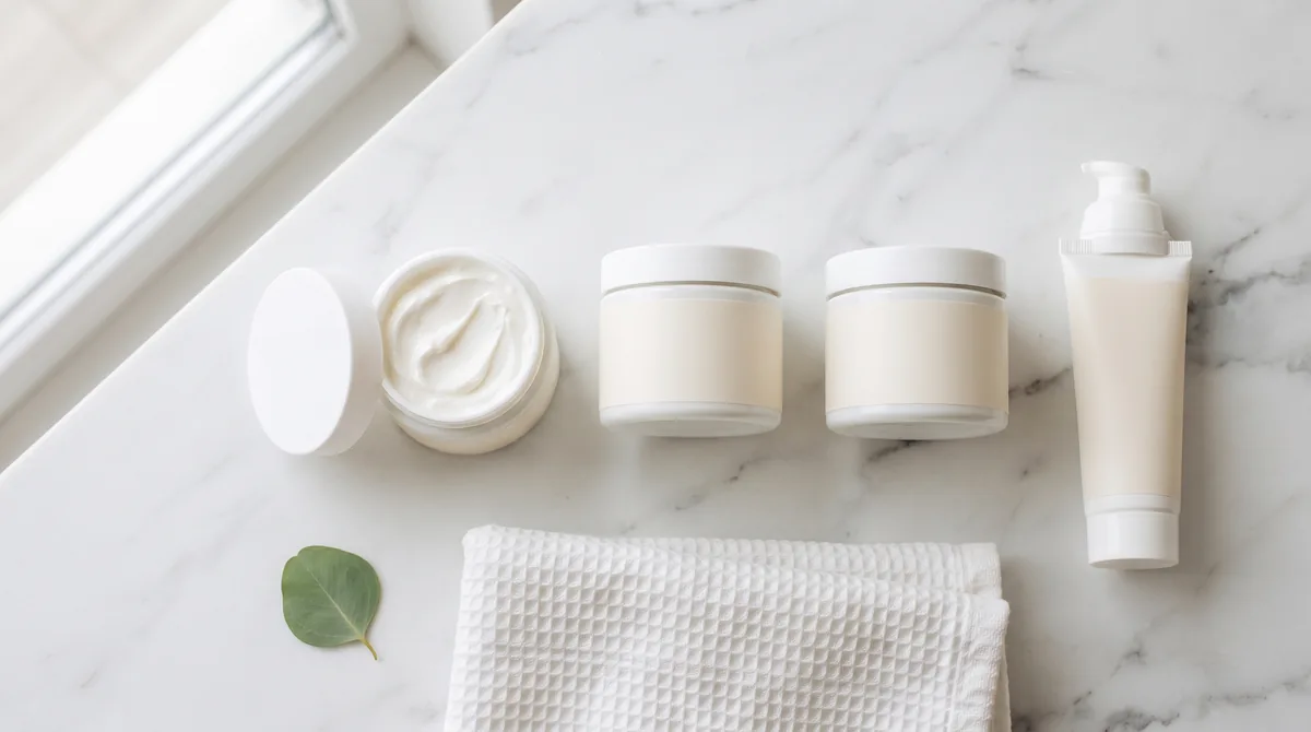 Donna di mezza età che applica una crema antirughe da farmacia sulla guancia davanti allo specchio del bagno