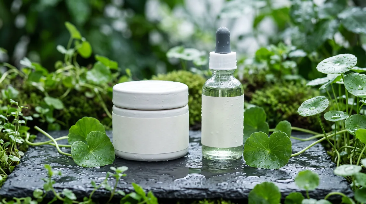 Vasetto aperto di una delle migliori creme alla centella asiatica accanto a foglie fresche di centella su fondo chiaro