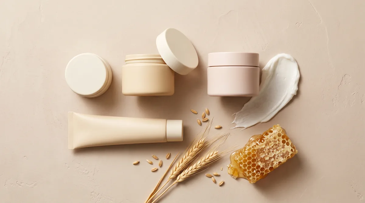 Sette creme con ceramidi allineate su una superficie chiara accanto a un'etichetta INCI aperta per il confronto