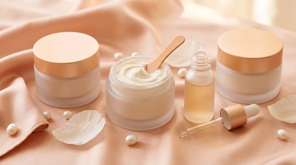 Miglior crema al collagene viso: vasetti satinati di crema, una spatolina e un flacone di siero su raso color pesca