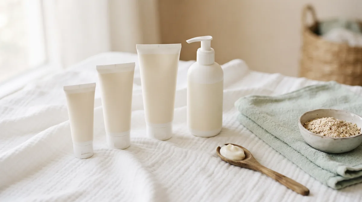 Creme emollienti per dermatite atopica nei bambini in tubetti bianchi accanto a un asciugamano morbido e avena