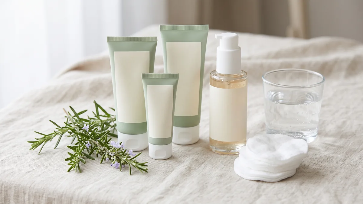Crema per dermatite seborroica viso in tubetto bianco su un piano chiaro, accanto a un detergente delicato