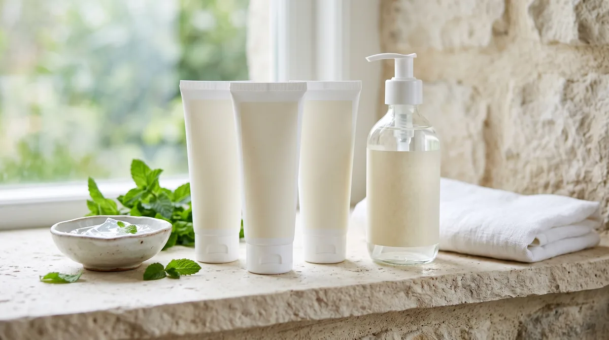 Tubetti e flacone di gel per gambe pesanti con etichette bianche su un ripiano chiaro con foglie di menta e un asciugamano