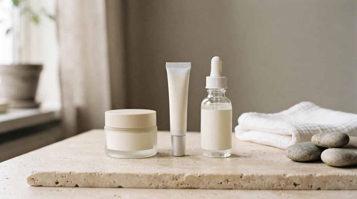 Vasetti e tubetti bianchi di crema esfoliante e crema al retinolo su marmo chiaro, pensati come crema per grani di miglio