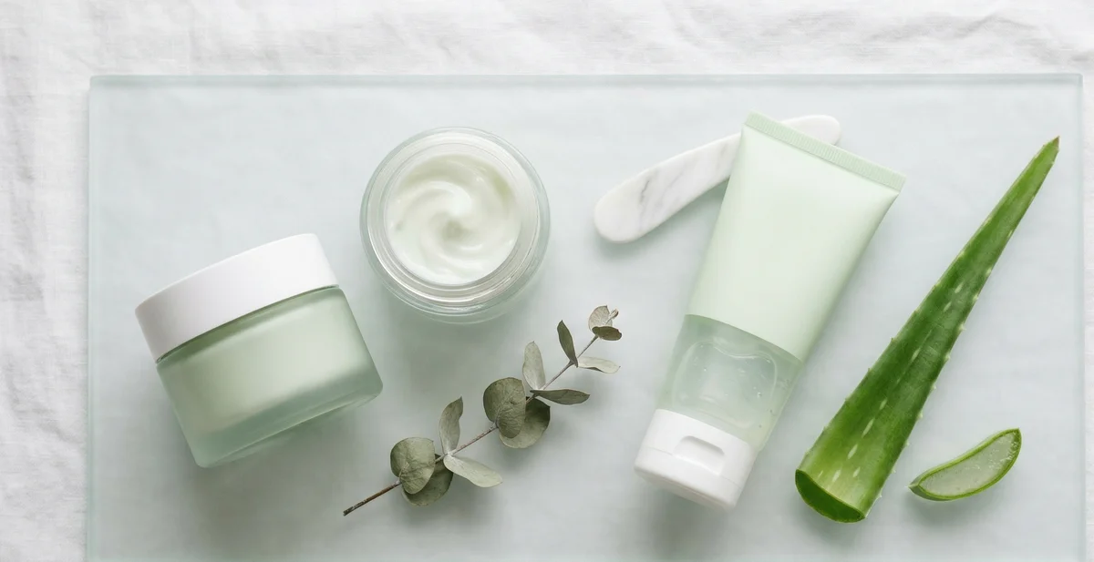 Cinque creme idratanti per pelle grassa allineate su superficie in marmo bianco