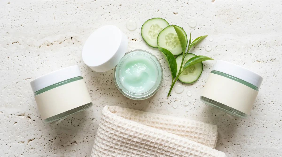 Crema idratante per pelle mista in gel-crema verde in un vasetto aperto, con cetriolo e foglie di tè su travertino