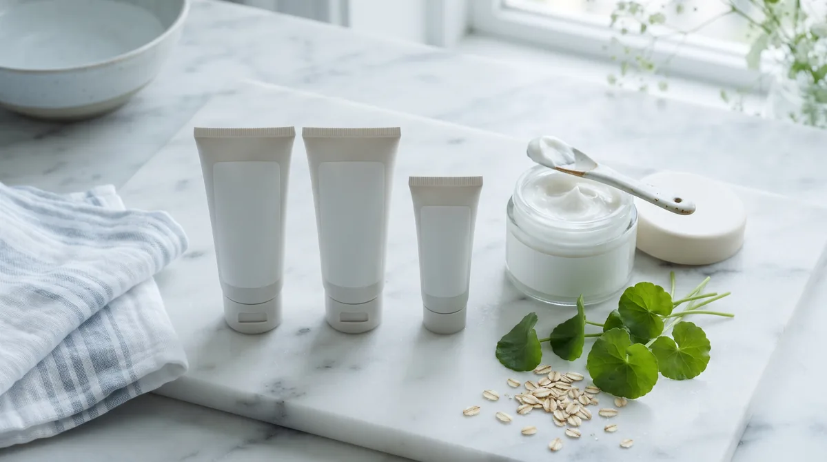 Migliori creme lenitive viso in tubetto e vasetto con foglie di centella e avena su marmo chiaro