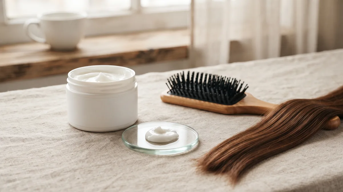 Crema lisciante in vasetto bianco accanto a una spazzola piatta e a una ciocca di capelli castani lisci e lucidi