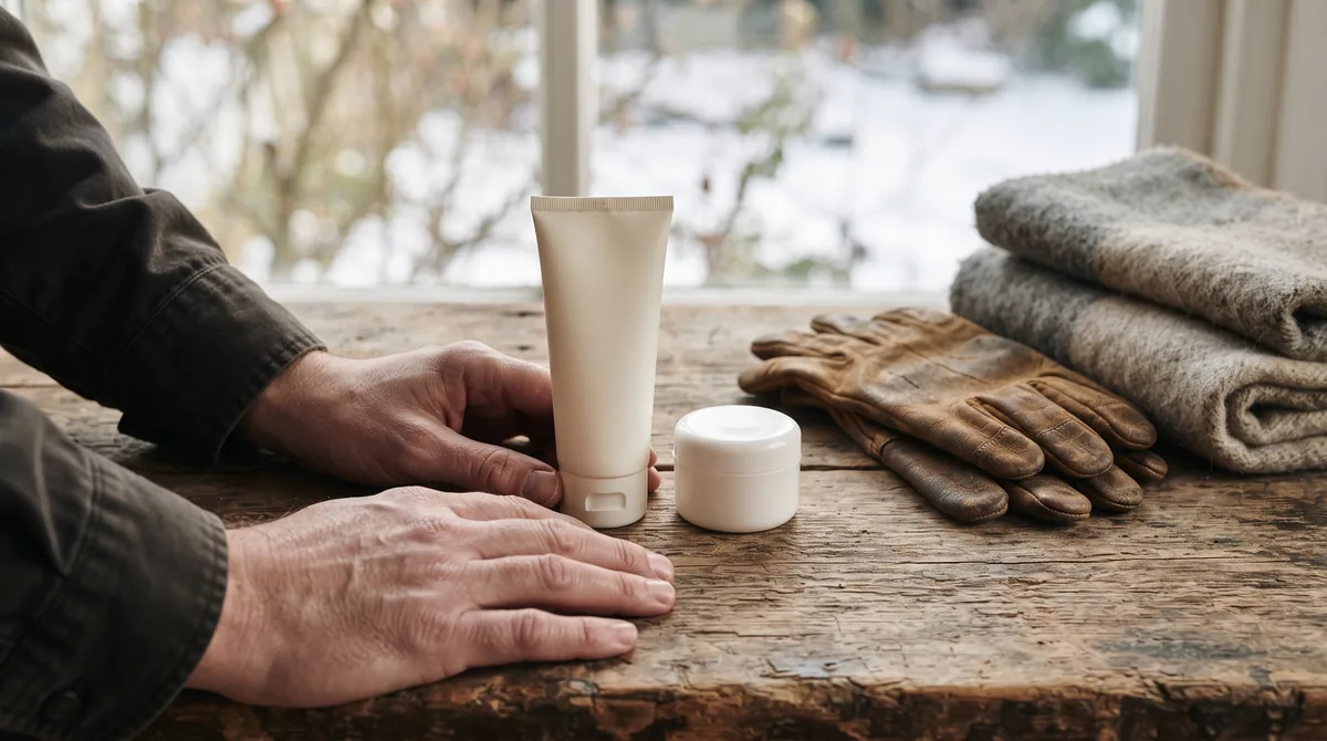 Crema mani uomo in un tubetto bianco senza etichetta accanto a guanti da lavoro su un tavolo di legno