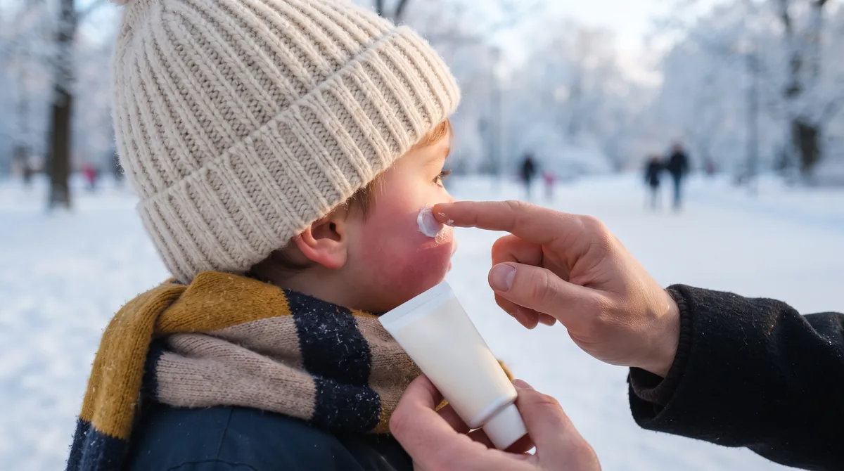 Mano di un adulto che stende la crema protettiva sulla guancia di un bambino con berretto di lana, all'aperto d'inverno