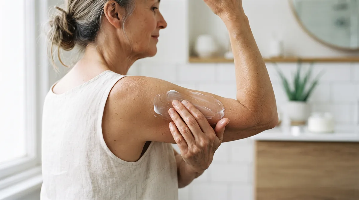 Donna matura che massaggia una crema rassodante sulla parte alta del braccio, con la pelle ancora lucida di prodotto
