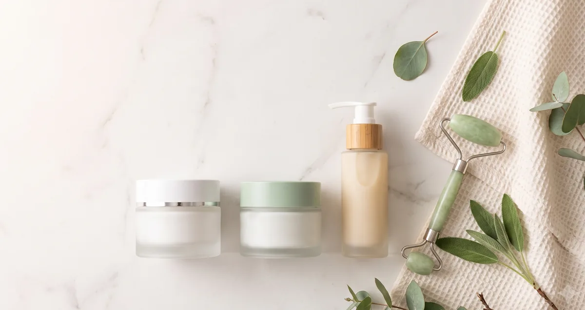 Cinque creme rassodanti corpo a confronto disposte su superficie elegante con texture e attivi visibili