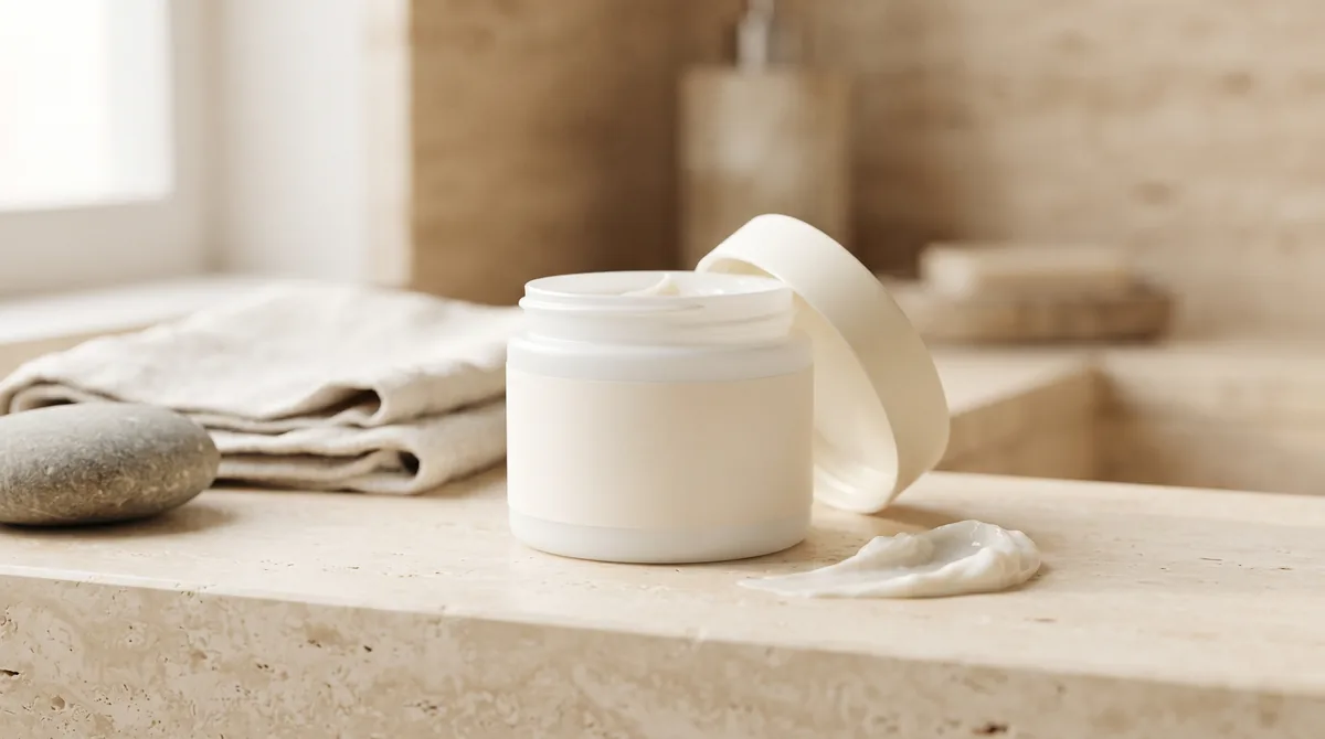 Crema rassodante glutei in barattolo bianco senza etichetta accanto a un asciugamano di lino su un bancone chiaro