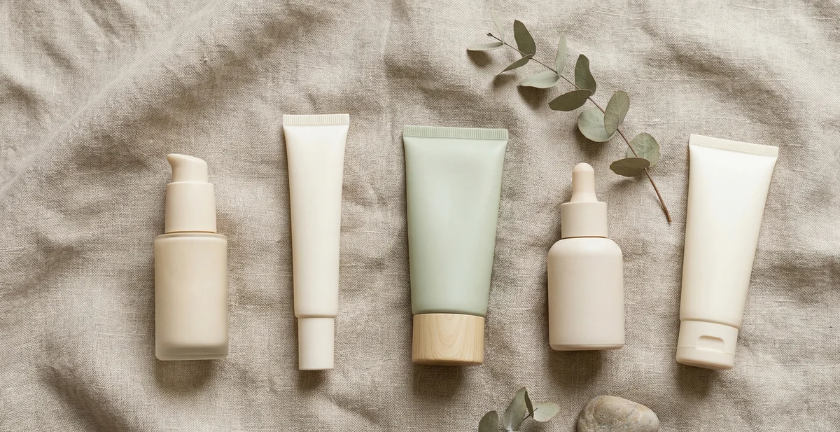 Cinque creme solari viso su sfondo beige chiaro con texture leggere SPF 50 e foglie verdi in stile beauty editoriale