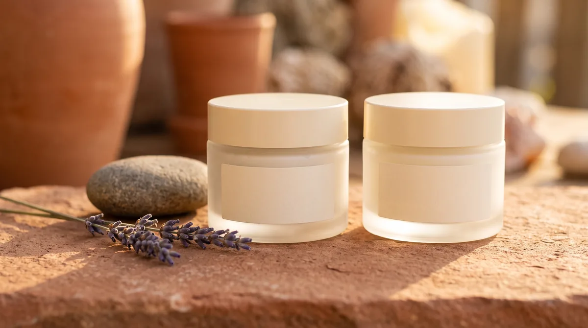 Le migliori creme viso per la menopausa allineate su un ripiano chiaro, trattamenti giorno e notte a confronto