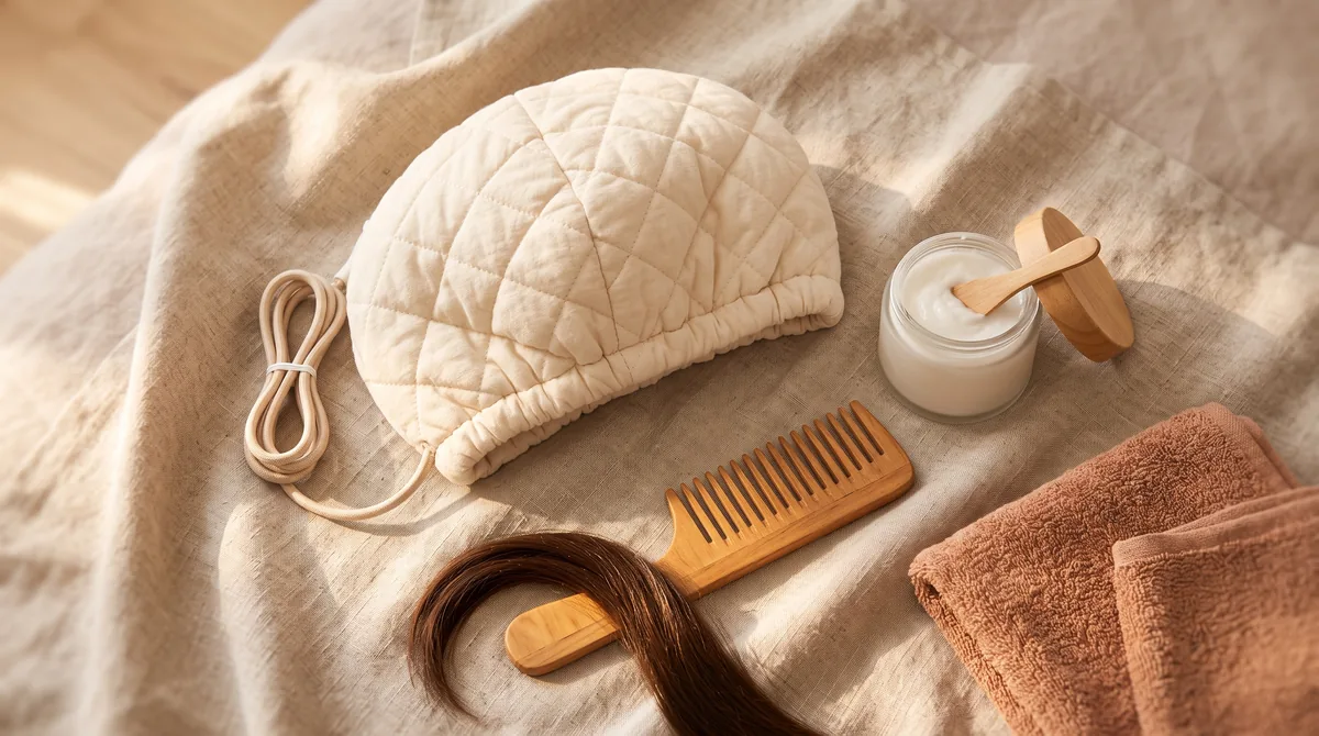 Cuffia a vapore per capelli indossata durante un trattamento con maschera nutriente, con pannello dei livelli di temperatura in primo piano