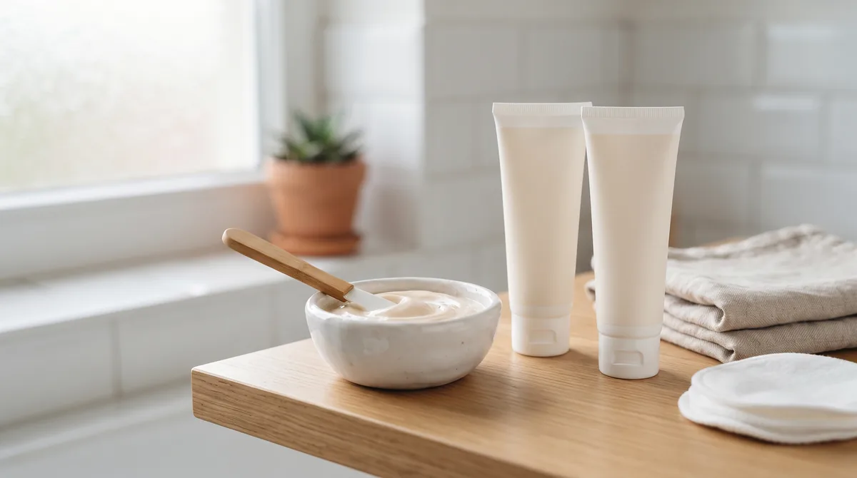 Crema decolorante peli in una ciotolina bianca con spatola, due tubetti senza etichetta e un asciugamano chiaro su un ripiano da bagno