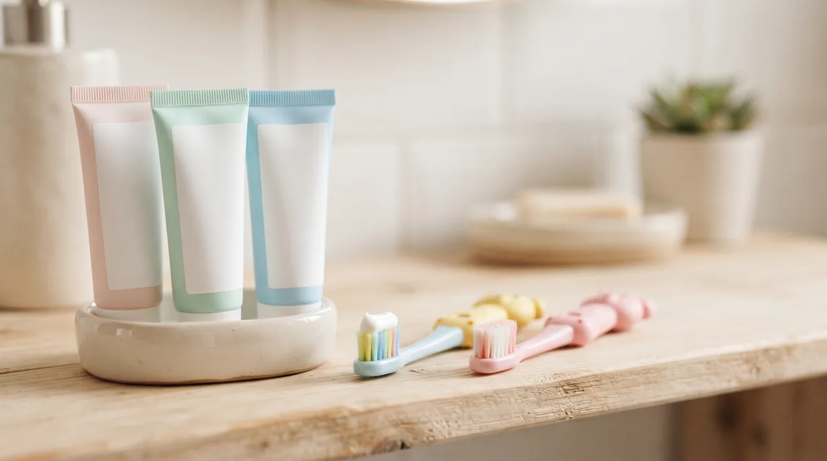 Tubetti di dentifricio per bambini con etichette bianche accanto a spazzolini piccoli su una mensola da bagno chiara