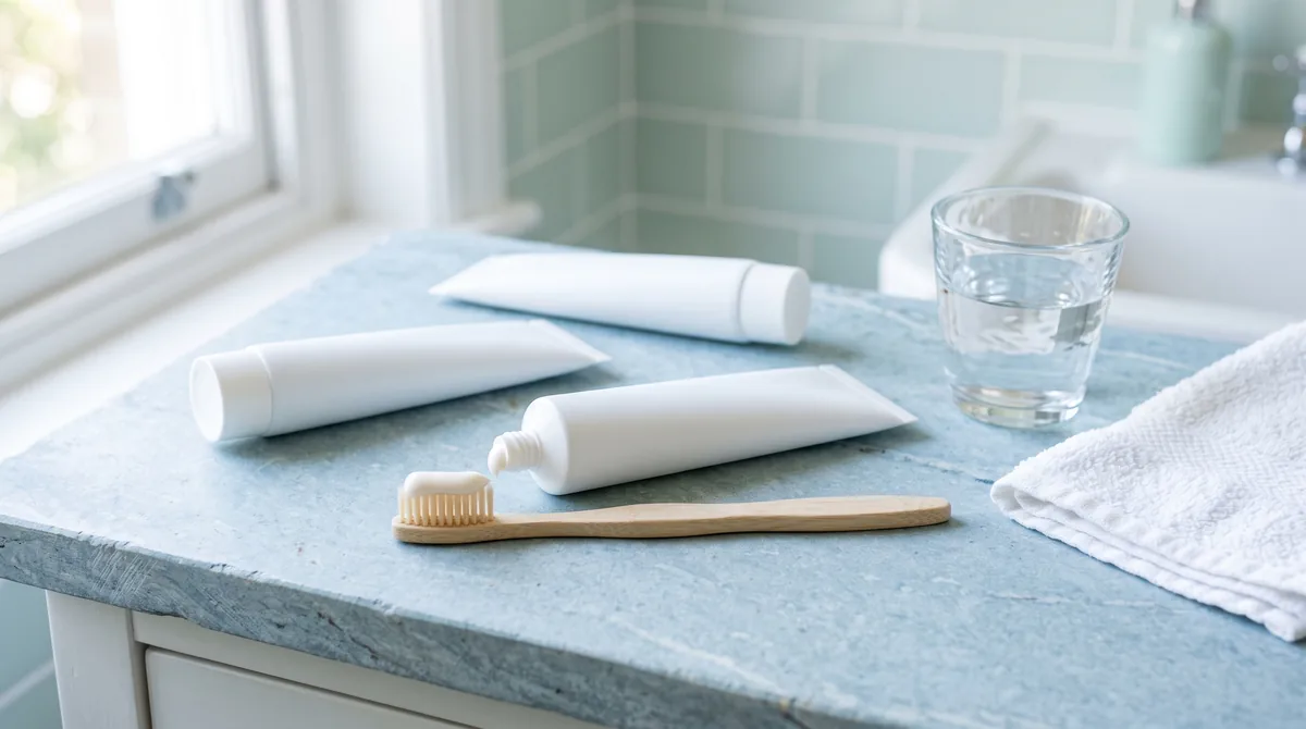 Sei tubetti fra i migliori dentifrici per denti sensibili allineati su una mensola da bagno chiara accanto a uno spazzolino a setole morbide