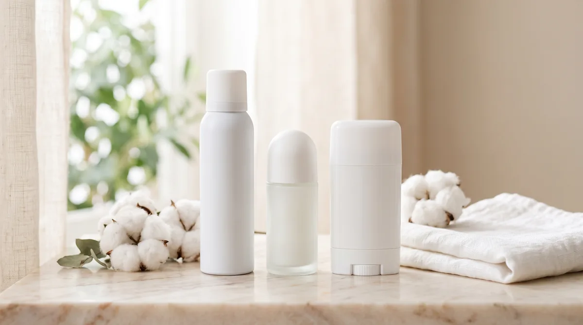 Miglior deodorante donna: spray, roll-on e stick con etichette bianche su marmo chiaro con fiori di cotone