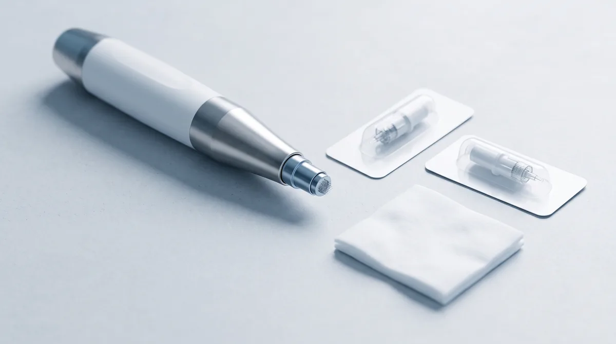 Dermapen elettrico per microneedling con cartuccia monouso e display, appoggiato accanto ai ricambi sigillati