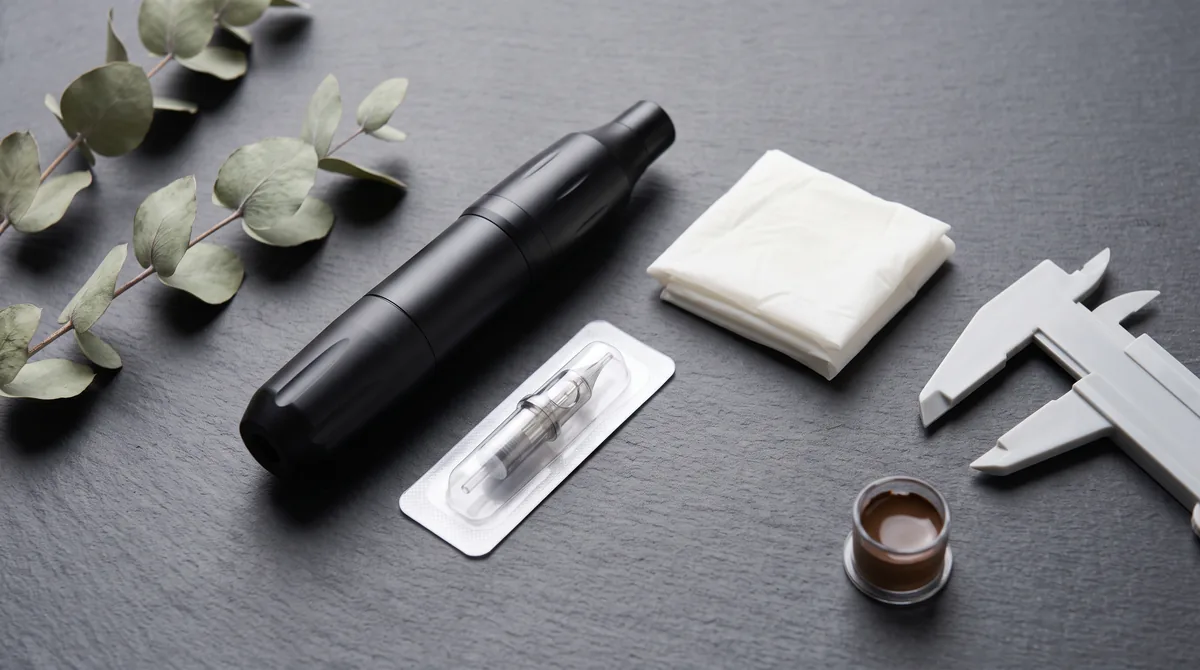 Migliori dermografi per trucco semipermanente: penne PMU wireless e macchine rotative su postazione professionale