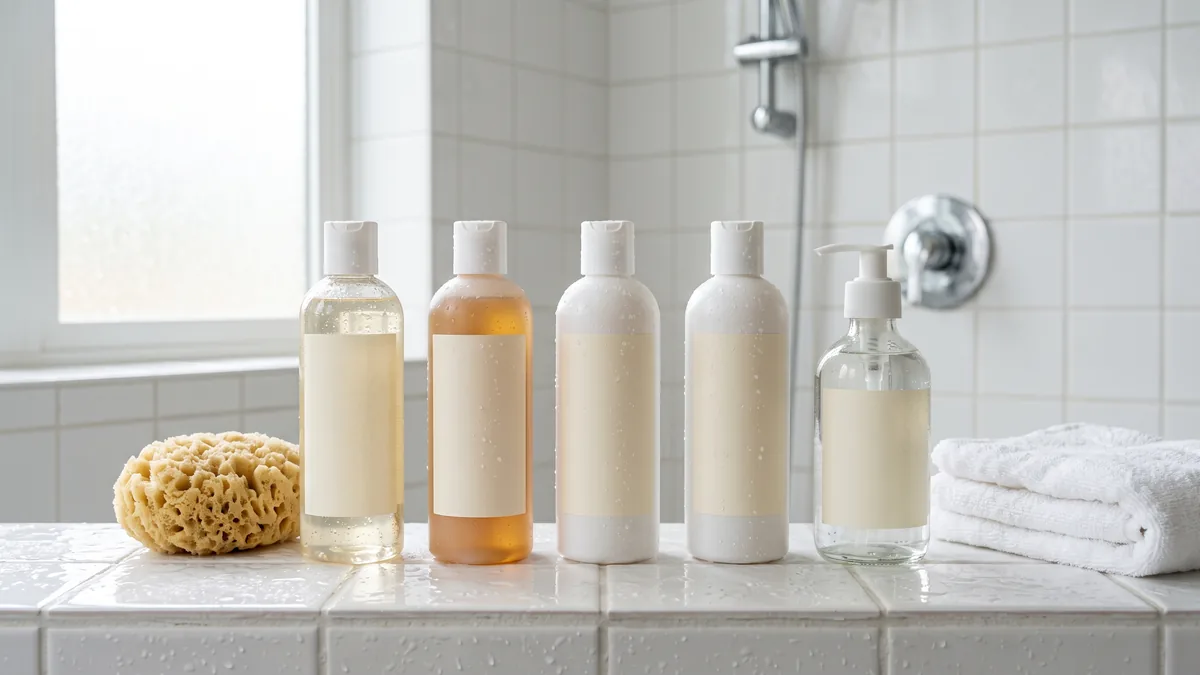 Detergente corpo per acne con acido salicilico su una mensola della doccia, accanto a un asciugamano bianco